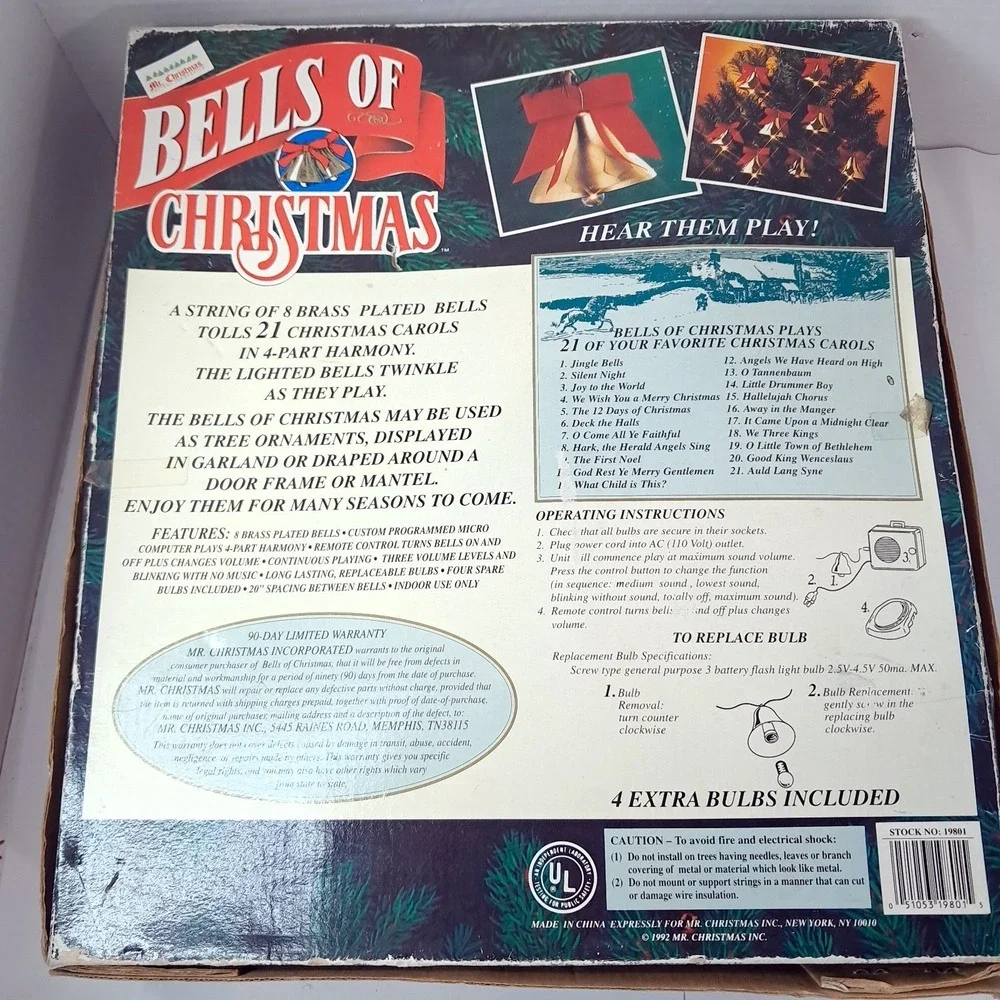 Mr Christmas BELLS OF CHRISTMAS 10 Lighted Musical Brass Bells 21 Carols 1992